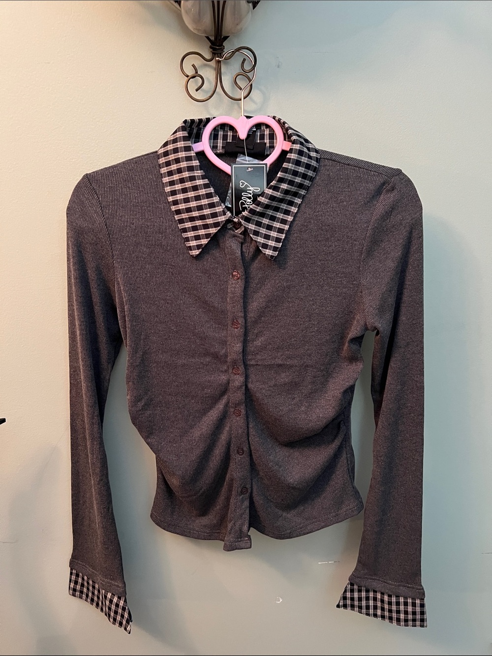 Just Polly Charcoal Button-Up Top with Plaid Collar